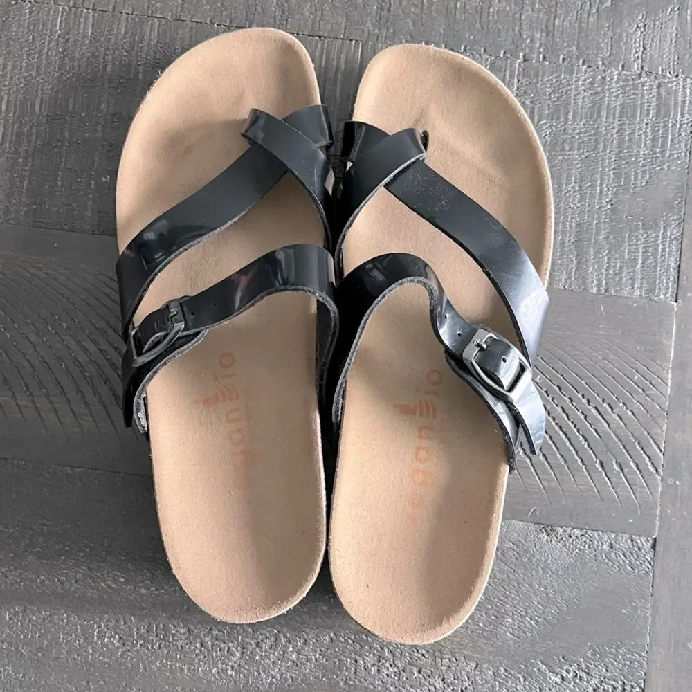 VeganBio Black Toe Loop Sandals Women 7.5 Comfort Cork Footbed Birkenstock Style